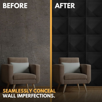 3D Wall Panels Adhesive Included - 6 Sheets Cover 16.15ft²(1.5m²) Interior Cladding Panels - Chevron Line Design in Matte Black - 7