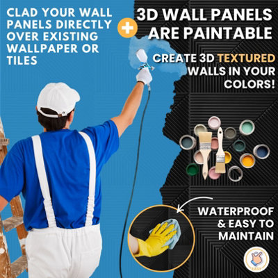 3D Wall Panels Adhesive Included - 6 Sheets Cover 16.15ft²(1.5m²) Interior Cladding Panels - Chevron Line Design in Matte Black - 8