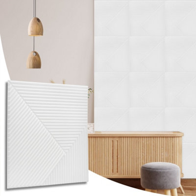 3D Wall Panels Adhesive Included - 6 Sheets Cover 16.15ft²(1.5m²) Interior Cladding Panels - Chevron Line Design in Matte White