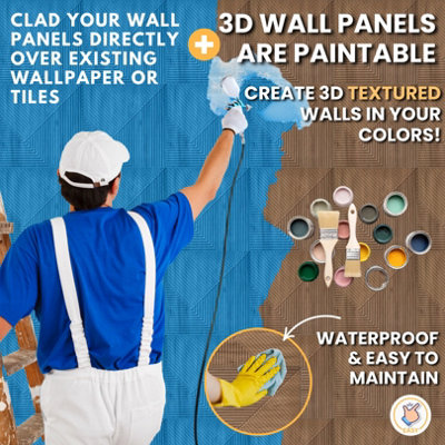 3D Wall Panels Adhesive Included - 6 Sheets Cover 16.15ft²(1.5m²) Interior Cladding Panels - Chevron Line Design in Matte Wooden - 8