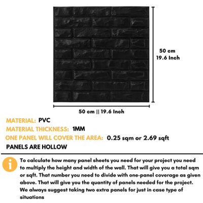 3D Wall Panels Adhesive Included - 6 Sheets Cover 16.15ft²(1.5m²) Interior Cladding Panels - Classic Brick Design in Matt Black - 3