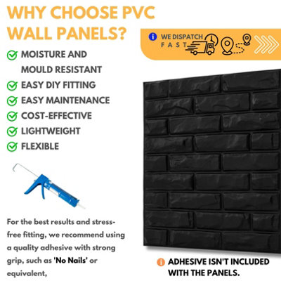 3D Wall Panels Adhesive Included - 6 Sheets Cover 16.15ft²(1.5m²) Interior Cladding Panels - Classic Brick Design in Matt Black - 4