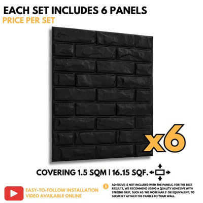 3D Wall Panels Adhesive Included - 6 Sheets Cover 16.15ft²(1.5m²) Interior Cladding Panels - Classic Brick Design in Matt Black - 6