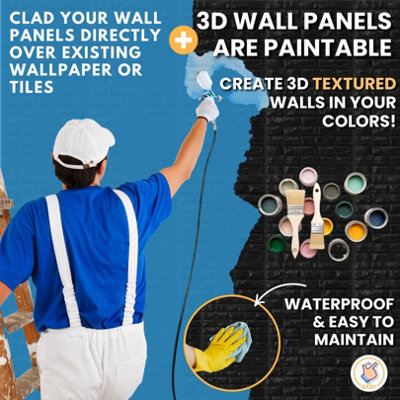 3D Wall Panels Adhesive Included - 6 Sheets Cover 16.15ft²(1.5m²) Interior Cladding Panels - Classic Brick Design in Matt Black - 8