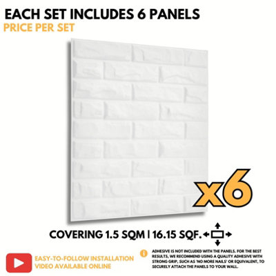 3D Wall Panels Adhesive Included - 6 Sheets Cover 16.15ft²(1.5m²) Interior Cladding Panels - Classic Brick Design in Matt White - 6