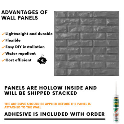 3D Wall Panels Adhesive Included - 6 Sheets Cover 16.15ft²(1.5m²) Interior Cladding Panels - Classic Brick Design Matt Silver Grey - 5