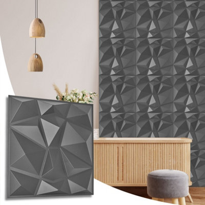 3D Wall Panels Adhesive Included - 6 Sheets Cover 16.15ft²(1.5m²) Interior Cladding Panels - Diamond Design in Matte Grey Silver