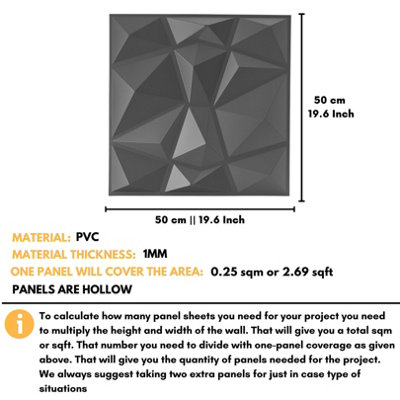 3D Wall Panels Adhesive Included - 6 Sheets Cover 16.15ft²(1.5m²) Interior Cladding Panels - Diamond Design in Matte Grey Silver - 3