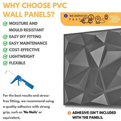 3D Wall Panels Adhesive Included - 6 Sheets Cover 16.15ft²(1.5m²) Interior Cladding Panels - Diamond Design in Matte Grey Silver - 4