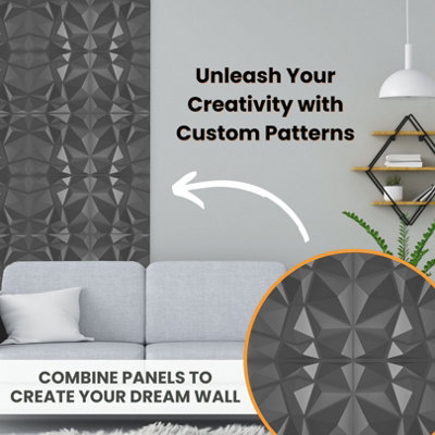 3D Wall Panels Adhesive Included - 6 Sheets Cover 16.15ft²(1.5m²) Interior Cladding Panels - Diamond Design in Matte Grey Silver - 5