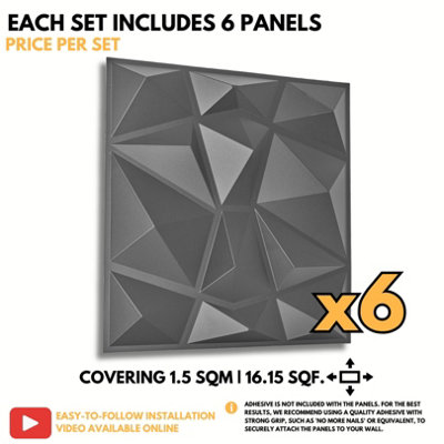 3D Wall Panels Adhesive Included - 6 Sheets Cover 16.15ft²(1.5m²) Interior Cladding Panels - Diamond Design in Matte Grey Silver - 6