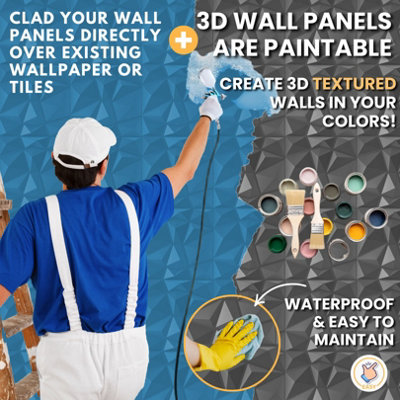 3D Wall Panels Adhesive Included - 6 Sheets Cover 16.15ft²(1.5m²) Interior Cladding Panels - Diamond Design in Matte Grey Silver - 8