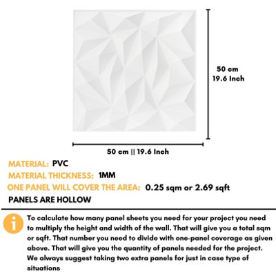 3D Wall Panels Adhesive Included - 6 Sheets Cover 16.15ft²(1.5m²) Interior Cladding Panels - Diamond Design in Matte White - 3
