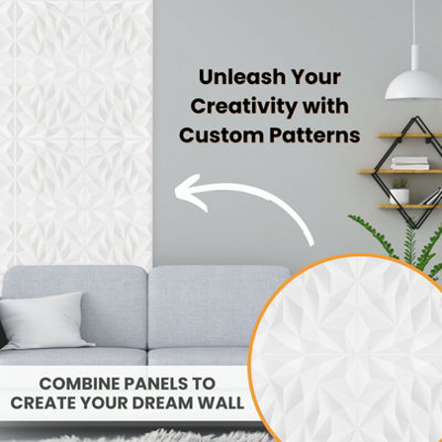 3D Wall Panels Adhesive Included - 6 Sheets Cover 16.15ft²(1.5m²) Interior Cladding Panels - Diamond Design in Matte White - 4