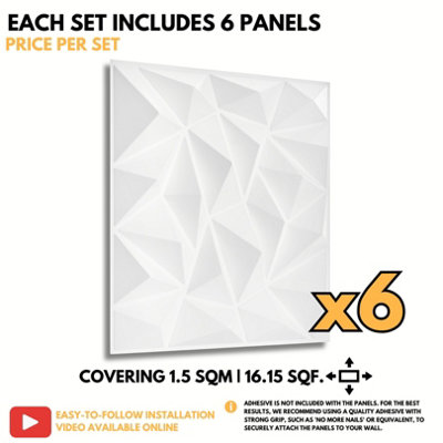 3D Wall Panels Adhesive Included - 6 Sheets Cover 16.15ft²(1.5m²) Interior Cladding Panels - Diamond Design in Matte White - 6