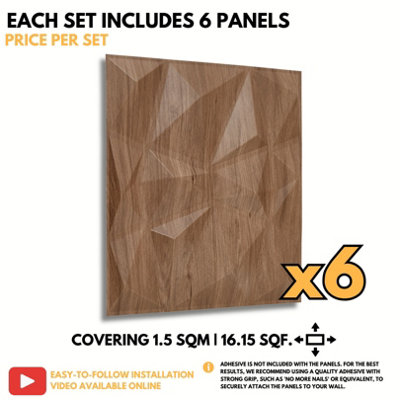 3D Wall Panels Adhesive Included - 6 Sheets Cover 16.15ft²(1.5m²) Interior Cladding Panels - Diamond Design in Matte Wooden - 6