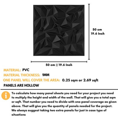 3D Wall Panels Adhesive Included - 6 Sheets Cover 16.15ft²(1.5m²) Interior Cladding Panels - Diamond Prestige Design in Matt Black - 3