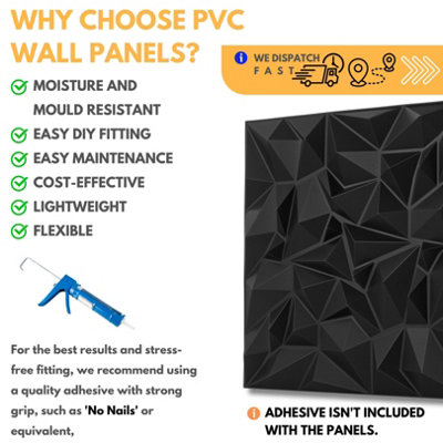 3D Wall Panels Adhesive Included - 6 Sheets Cover 16.15ft²(1.5m²) Interior Cladding Panels - Diamond Prestige Design in Matt Black - 4