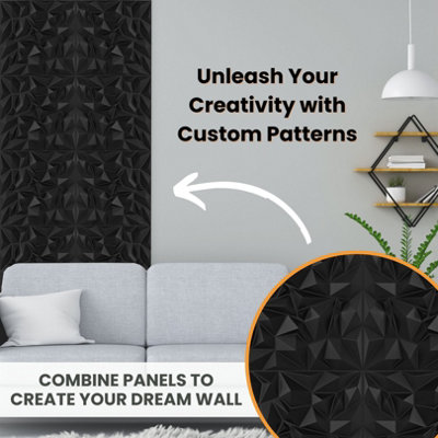 3D Wall Panels Adhesive Included - 6 Sheets Cover 16.15ft²(1.5m²) Interior Cladding Panels - Diamond Prestige Design in Matt Black - 5