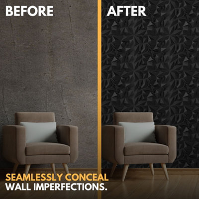 3D Wall Panels Adhesive Included - 6 Sheets Cover 16.15ft²(1.5m²) Interior Cladding Panels - Diamond Prestige Design in Matt Black - 6