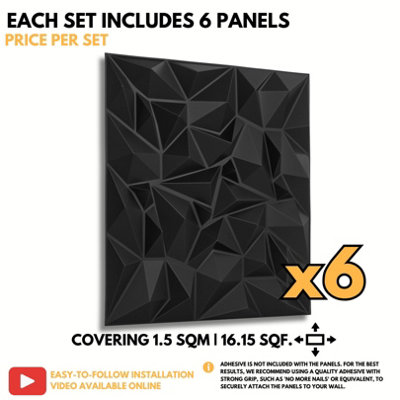 3D Wall Panels Adhesive Included - 6 Sheets Cover 16.15ft²(1.5m²) Interior Cladding Panels - Diamond Prestige Design in Matt Black - 7