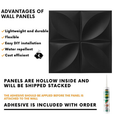 3D Wall Panels Adhesive Included - 6 Sheets Cover 16.15ft²(1.5m²) Interior Cladding Panels - Geometric Convex Shape in Matte Black - 5
