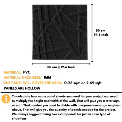 3D Wall Panels Adhesive Included - 6 Sheets Cover 16.15ft²(1.5m²) Interior Cladding Panels - Geometric Line Design in Matt Black - 3