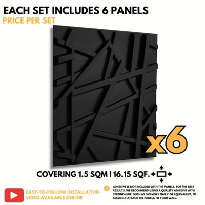 3D Wall Panels Adhesive Included - 6 Sheets Cover 16.15ft²(1.5m²) Interior Cladding Panels - Geometric Line Design in Matt Black - 5