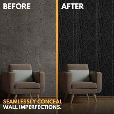 3D Wall Panels Adhesive Included - 6 Sheets Cover 16.15ft²(1.5m²) Interior Cladding Panels - Geometric Line Design in Matt Black - 6