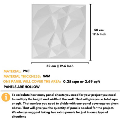3D Wall Panels Adhesive Included - 6 Sheets Cover 16.15ft²(1.5m²) Interior Cladding Panels set - Diamond Design in Matte White - 3