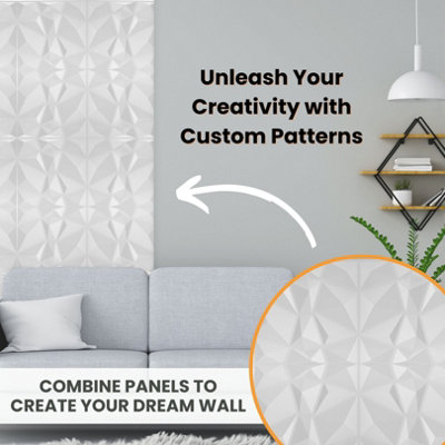 3D Wall Panels Adhesive Included - 6 Sheets Cover 16.15ft²(1.5m²) Interior Cladding Panels set - Diamond Design in Matte White - 5