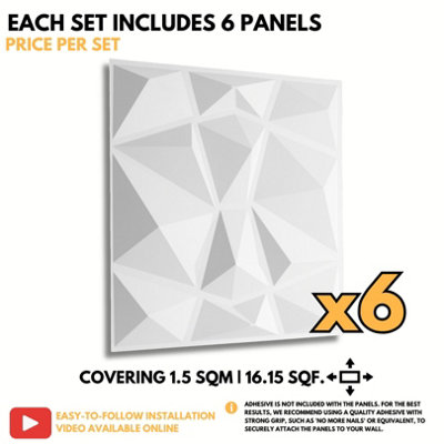 3D Wall Panels Adhesive Included - 6 Sheets Cover 16.15ft²(1.5m²) Interior Cladding Panels set - Diamond Design in Matte White - 6