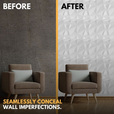 3D Wall Panels Adhesive Included - 6 Sheets Cover 16.15ft²(1.5m²) Interior Cladding Panels set - Diamond Design in Matte White - 7