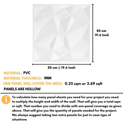 3D Wall Panels Adhesive Included - 6 Sheets Cover 16.15ft²(1.5m²) Interior Cladding Panels set - Diamond Design in White - 3