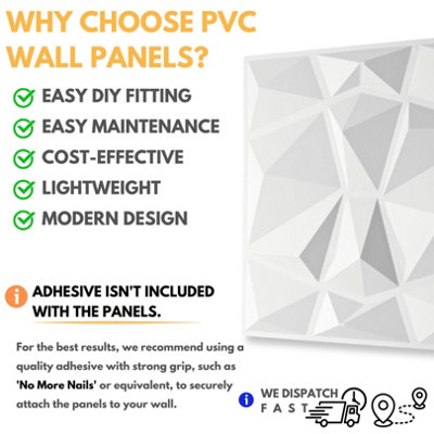 3D Wall Panels Adhesive Included - 6 Sheets Cover 16.15ft²(1.5m²) Interior Cladding Panels set - Diamond Design in White - 6