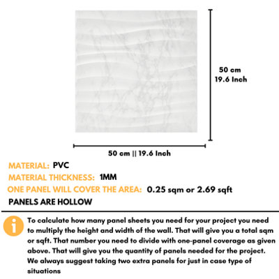 3D Wall Panels Adhesive Included - 6 Sheets Cover 16.15ft²(1.5m²) Interior Cladding Panels set - Soft Wave Effect in Matt Marble - 3