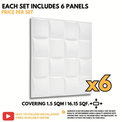3D Wall Panels Adhesive Included - 6 Sheets Cover 16.15ft²(1.5m²) Interior Cladding Panels - Square Grid Lattice Design Matt White - 6