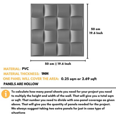 3D Wall Panels Adhesive Included - 6 Sheets Cover 16.15ft²(1.5m²) Interior Cladding Panels - Square Grid Lattice Design Matte Grey - 3