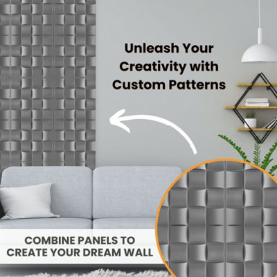 3D Wall Panels Adhesive Included - 6 Sheets Cover 16.15ft²(1.5m²) Interior Cladding Panels - Square Grid Lattice Design Matte Grey - 5
