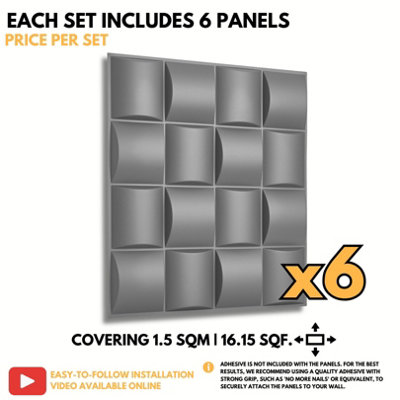 3D Wall Panels Adhesive Included - 6 Sheets Cover 16.15ft²(1.5m²) Interior Cladding Panels - Square Grid Lattice Design Matte Grey - 6