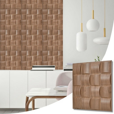 3D Wall Panels Adhesive Included - 6 Sheets Cover 16.15ft²(1.5m²) Interior Cladding Panels - Square Grid Lattice Design Matte Wood