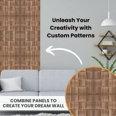 3D Wall Panels Adhesive Included - 6 Sheets Cover 16.15ft²(1.5m²) Interior Cladding Panels - Square Grid Lattice Design Matte Wood - 5