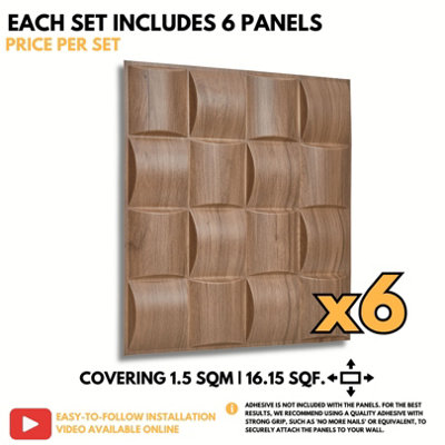 3D Wall Panels Adhesive Included - 6 Sheets Cover 16.15ft²(1.5m²) Interior Cladding Panels - Square Grid Lattice Design Matte Wood - 6