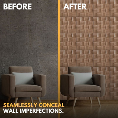 3D Wall Panels Adhesive Included - 6 Sheets Cover 16.15ft²(1.5m²) Interior Cladding Panels - Square Grid Lattice Design Matte Wood - 7