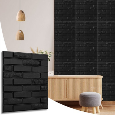 3D Wall Panels Adhesive Included - 6 Sheets Cover 16.15ft²(1.5m²) Interior Cladding Panels - Urban Brick Design in Matt Black