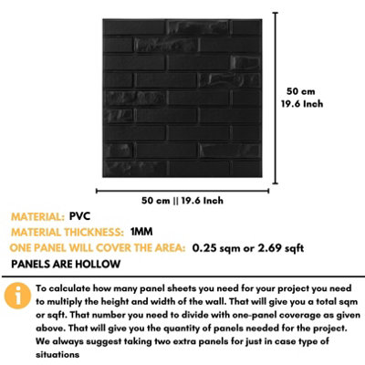 3D Wall Panels Adhesive Included - 6 Sheets Cover 16.15ft²(1.5m²) Interior Cladding Panels - Urban Brick Design in Matt Black - 3