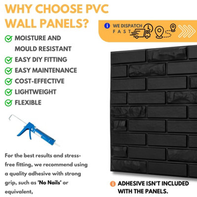 3D Wall Panels Adhesive Included - 6 Sheets Cover 16.15ft²(1.5m²) Interior Cladding Panels - Urban Brick Design in Matt Black - 4