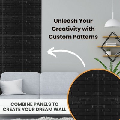 3D Wall Panels Adhesive Included - 6 Sheets Cover 16.15ft²(1.5m²) Interior Cladding Panels - Urban Brick Design in Matt Black - 5