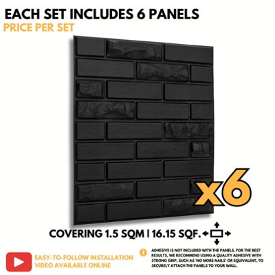 3D Wall Panels Adhesive Included - 6 Sheets Cover 16.15ft²(1.5m²) Interior Cladding Panels - Urban Brick Design in Matt Black - 6