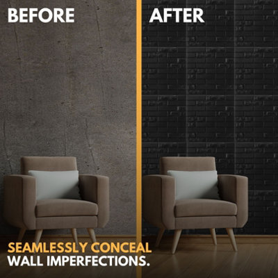 3D Wall Panels Adhesive Included - 6 Sheets Cover 16.15ft²(1.5m²) Interior Cladding Panels - Urban Brick Design in Matt Black - 7